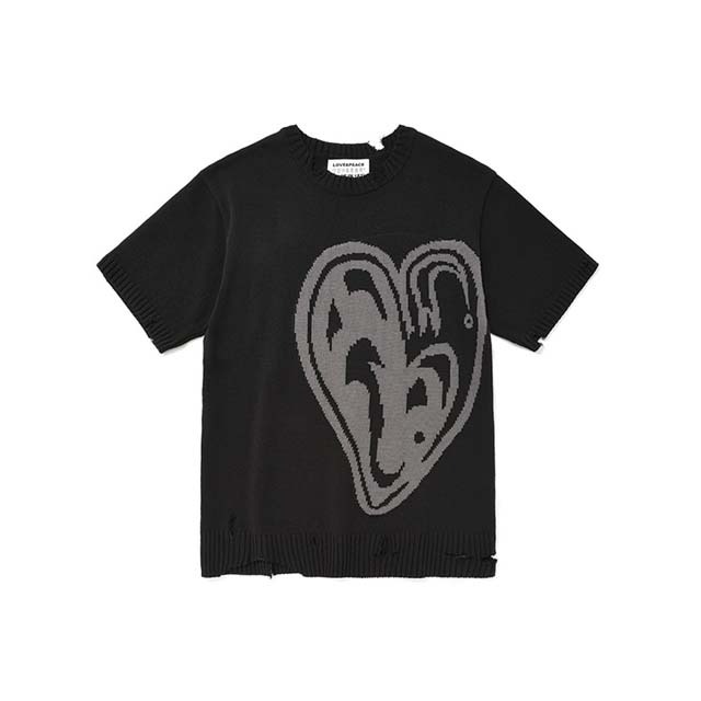 Distressed Heart Knit Tee/Black
